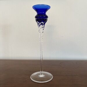 Elegant‎ Blue Glass Candlestick Holder Twisted Stem Clear Base Elegant Decor